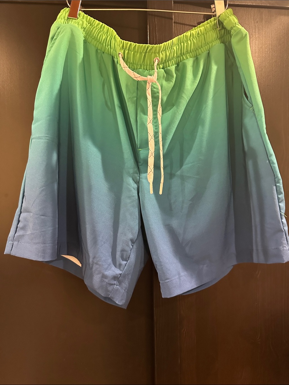 Men's Green-to-Blue Gradient Swim Trunks with Drawstring Waist